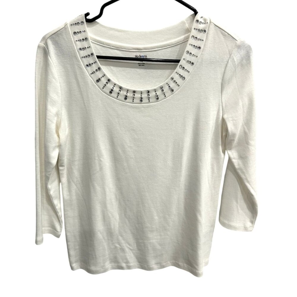 Style & Co. Petite White 3/4 Sleeve Cotton Top Rhinestone Accents Sz PS